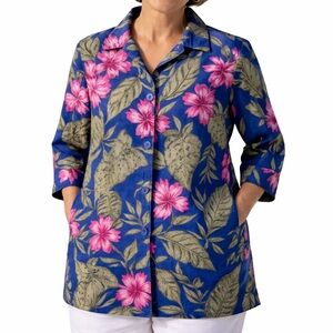 Chico’s 100% Linen Floral Button Front Jacket Shirt Blue Pink Hibiscus Size L